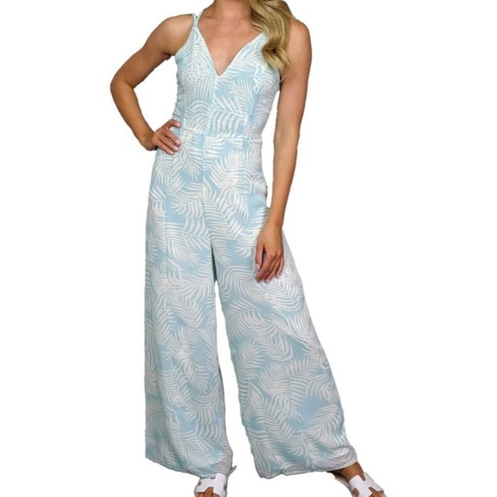Light Blue Leaf Print Jumpsuit